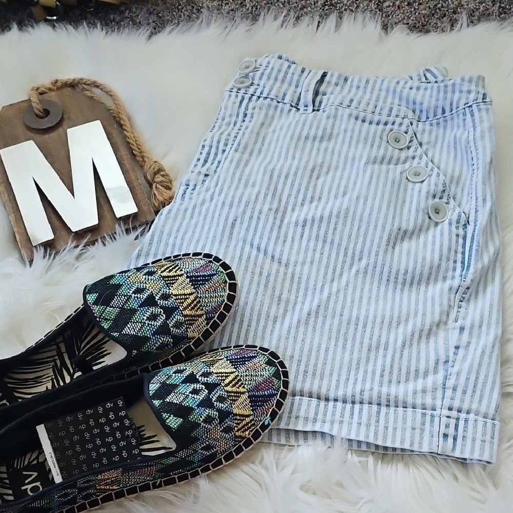 one 5 one Blue and White Striped Jean Shorts with 5.5" Inseam